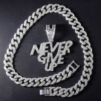 Men Women Hip Hop Crystal Letter never give up Pendant Necklace Iced Out Bling Rhinestone 13mm Cuban Link Chain Necklaces