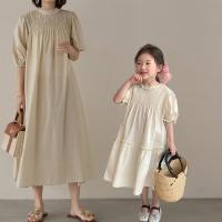 【YF】 Family Matching Outfits Summer Mother Kids Smocked Pleated Dress Mom Daughter Bubble Sleeve Clothing Women Baby Girl Clothes