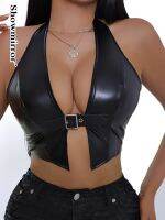 Cermin Panak Perembuan Halter Pendek Seksi Rompi Kulit PU Sabuk Leher Gesper Bungkus Dada Hotwife Bustier 2000S Estetika Edgy T S