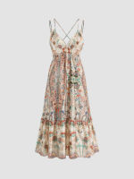 Cider Cider K-POP Retro Print Maxi Ruffle Dress เดรสสายเดี่ยวผู้หญิง เดรสแฟชั่นผญ สไตล์โบฮีเมียน สไตล์เซ็กซี่