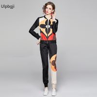 Elegant women Vintage flower Print Short Jackets Coat + Long Pants 2 Pieces Sets