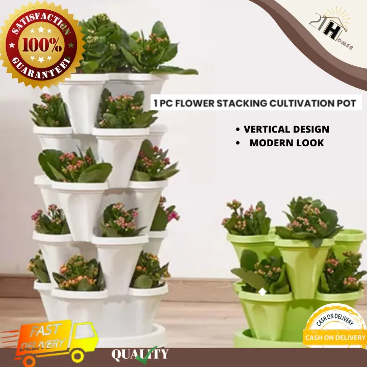 21 Homes 1 Piece White and Green Flower Pot Stacking Cultivation Pot