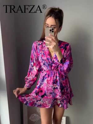 TRAFZA Women Floral Print Pleated Mini Dress Long Sleeve V Neck Ruffles Ruched Dresses 2023 Summer Women Elegant Party Dress