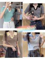 ?Kim-shop*?พร้อมส่ง? เสื้อไหมพรมแขนสั้นคอปกลาย strip ทรงฮิตแมทช์ได้กับทุกกางเกงC481*