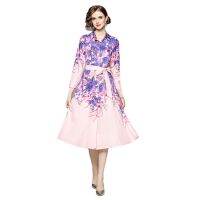 Women Dress Spot Real  Elegant Long Sleeve  Vintage Printed Midi Dress