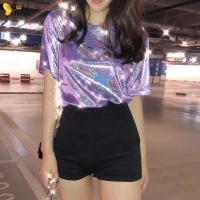 สตรี Casual เสื้อยืดสีสะท้อนแสงพิมพ์เสื้อแขนสั้น Hip Hop TEE เสื้อ