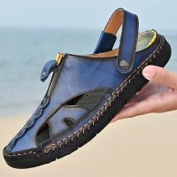 CYYTL Plus Size Men Sandals Summer Soft Leather Zipper Designer Roman Flat Slippers Beach Closed Toe Handmade Slide Male Shoes House Slippers