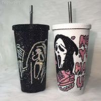 ▩℗◕ 20pr3412 Copo de Horror com Palha Garrafa Térmica Aço Inoxidável Nome Personalizado Tumbler Face Fantasma Grito Strass De Água Vácuo 17oz