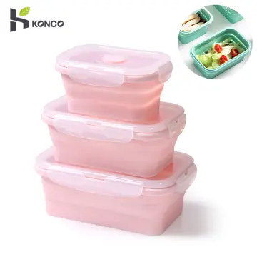 Silicone Lunch Box Portable Collapsible Folding Food Storage Container  Kitchen Microwave, Dishwasher and Freezer Safe Household Picnic bento box  for teens Pink(3pcs) 