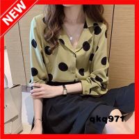 qkq971 Polka Dot Chiffon Shirt Womens Korean Style Loose Commute Blouse R Lapel Long Sleeve Tops