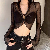 Facialbeauty-ผู้หญิงแขนยาว Crop Tops ปุ่ม Cutout Casual Sheer ตาข่ายเสื้อยืดเสื้อ Streetwear Clubwear