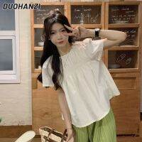 DUOHANZI เสื้อเชิ้ตจีบแขนแขนสั้นคอกลมของผู้หญิง,เสื้อจับจีบสไตล์ฝรั่งเศสเพื่อสัมผัสเสื้อเชิ้ตตุ๊กตาดีไซน์เก๋