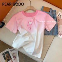 PEAR DODO เสื้อยืดแขนสั้นสำหรับผู้หญิงคอกลมเกาหลีไล่ระดับสีชมพู