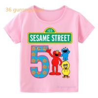 Boy T Shirt For Girls Tops 5 birthday Children clothing Graphic Tee Sesame Street Elmo Cookie Monster Kids Clothes Pink T Shirts