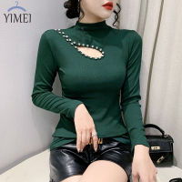 YIMEI เสื้อยืดแขนยาวชาวต่างชาติแฟชั่นแบบใหม่ในฤดูใบไม้ร่วง2023คอสูงแบบกลวงมีเพชรด้านในเป็นชั้นๆด้านล่างแฟชั่น