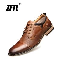 ZFTL New Man Dress shoes Big size Cow Leather Mens Business shoes Lace-up Men formal shoes fashion male Handmade shoes Brown 01