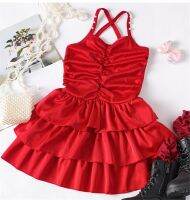 Girls Red Dresses Ruffle Sleeveless Pearled Pleated Spaghetti Straps Dress Formal Princess Party Pageant Bridesmaid Satin Dress  by Hs2023