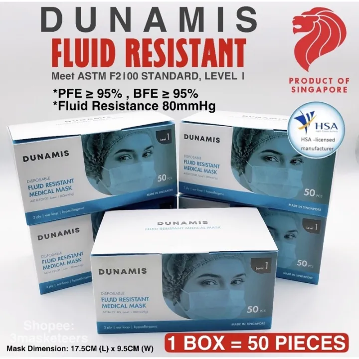 [MADE IN SINGAPORE] DUNAMIS • HSA-Licensed • Fluid Resistant Medical Mask • PFE ≥95  BFE ≥ 95  • Level 1
