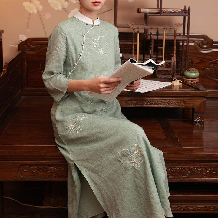 qing-shuzhai-สไตล์จีน-retro-ปักชุดสามไตรมาส-ramie-republic-wind-ผู้หญิงรุ่นปรับปรุงหลวม-cheongsam-ผู้หญิง