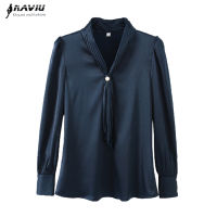 Navy Blue Chiffon Shirt Women V Neck Design 2021 Spring New Fashion Temperament Satin Long Sleeve Blouses Office Ladies Work Top