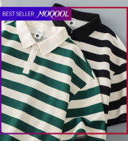 MOQOOL เสื้อโปโลลำลองทรงหลวมสำหรับผู้ชาย,แขนสั้นซัมเมอร์ลายทางระบายอากาศ