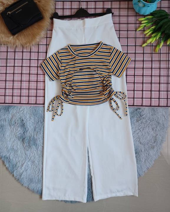 เซทขายาวเสื้อครอป-ชุดเซทสุดน่ารัก-กางเกงขายาวผ้าฮานาโกะ-เสื้อครอปผ้าร่องยืดเเต่งรูดข้างเว้าอก