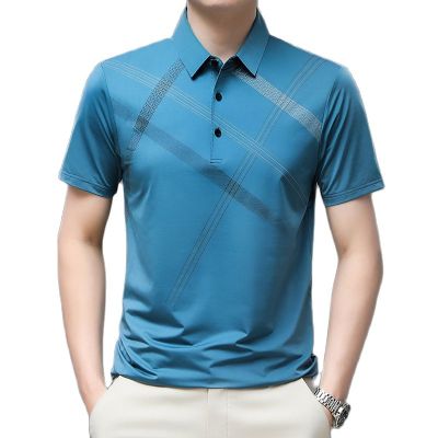 HOT11★BROWON Men T Shirt Business Cal Striped Print Regular Fit Summer T Shirts for Men Turn-Down Collar Short Sleeve Men Tees Tops