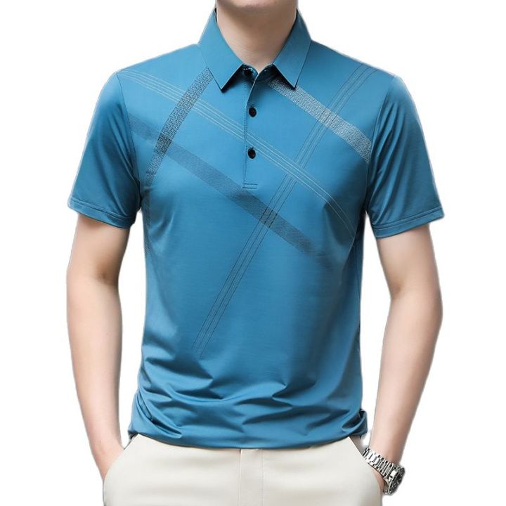 hot11-browon-men-t-shirt-business-cal-striped-print-regular-fit-summer-t-shirts-for-men-turn-down-collar-short-sleeve-men-tees-tops