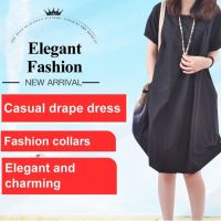 New Style Korean WomenS Large Size Loose Casual Pleated Round Neck Short Sleeve Dress