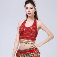 hot【DT】 Belly Sequin Tassel Top with Chest Wear Costume Backless Coins Halter Crop