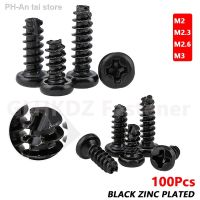 100X M2 M2.3 M2.6 M3 PT Pan Round Head Self Tapping Wood Screw Cutting Tail Bolt Phillips Cross Recessed Black Zinc Plated Steel