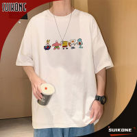 Suikone เสื้อยืดแขนสั้นผู้ชายเทรนด์พิมพ์ลายการ์ตูนเกาหลีเสื้อคู่หลวม