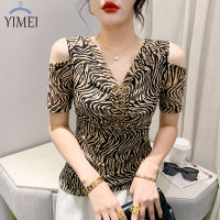 YIMEI เสื้อตาข่ายคอวีติดเล็บสำหรับผู้หญิง,เสื้อยืดผู้หญิงเสื้อเปิดไหล่เซ็กซี่สวยแขนสั้นเสื้อยืดพิมพ์ภาพตัวอักษรฤดูร้อน