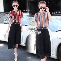 Sevy Two Pieces Of V Close Neck Stripes With Pants Sets