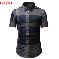 FGKKS 2023 Summer Short Sleeve Shirts for Men Fashion Tops Cotton Shirt Brand Striped Plaid Shirt Male