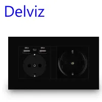 Delviz เต้าเสียบไฟ USB ติดผนังแผงชาร์จสีดำ AC 110 ~ 250V 146Mm * 86Mm 16A กรอบคู่ EU ช่องเสียบ USB