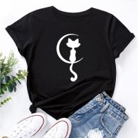 cute moon cat print casual womens crewneck cotton short sleeve t-shirts tumblr harajuku aesthetic graphic tee shirt