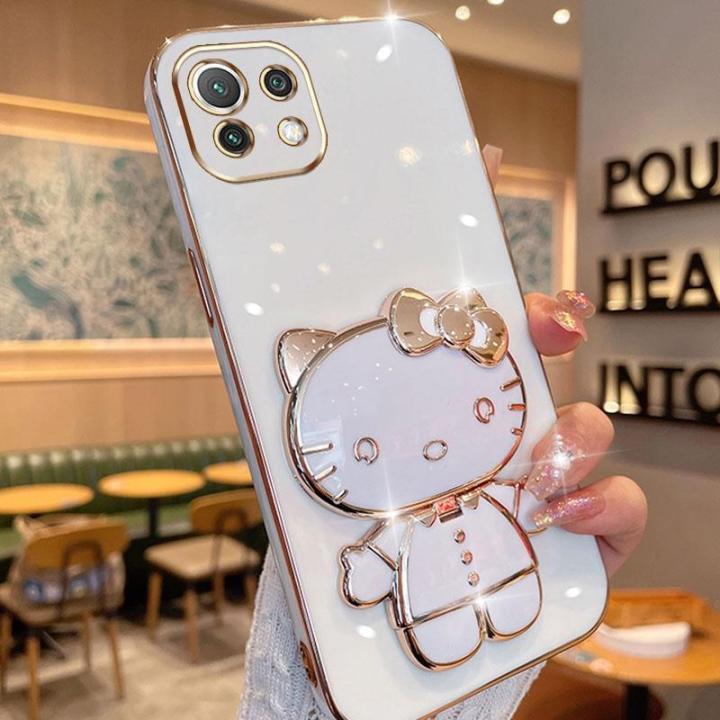 folding-makeup-mirror-phone-case-for-xiaomi-11-lite-4g-5g-xiaomi-12-lite-12-pro-case-fashion-cartoon-cute-cat-multifunctional-bracket-plating-tpu-soft-cover-casing