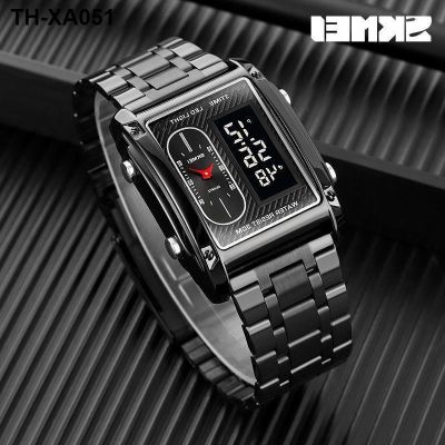 Moment beauty square electronic watch mens students multi-functional waterproof double display luminous steel belt womens