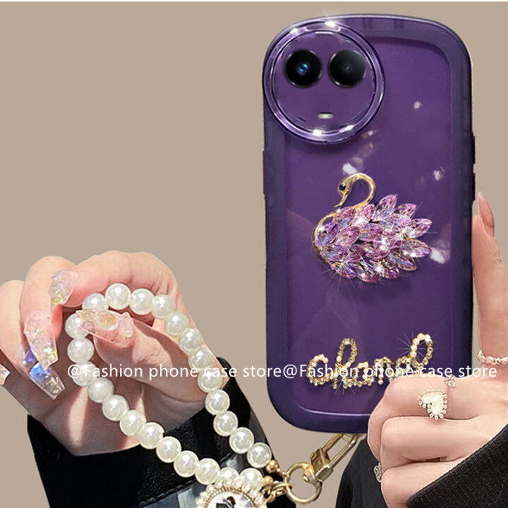 phone-case-เคส-realme-11-4g-realme11-5g-realme-c51-nfc-หรูหราหรูหราพลอยเทียมหงส์สายคล้องไข่มุกปลอกเลนส์ป้องกันสีทึบ2023ซองนุ่มใส