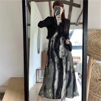 Spot parcel post R New Chinese Ink Painting Dress Gentle Suspender Dress Two-Piece Ruffle Sleeve Cardigan Sun Protection Shirt Women