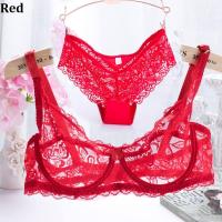 Lace Embroidery s Set Underwear y 34 cup thin Transparent Panty Set