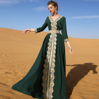 Lace Embroidered Vintage Ethnic Abaya Dress for Women Loose Belted Middle Eastern Dubai Turkey Arab Moroccan Caftan Eid