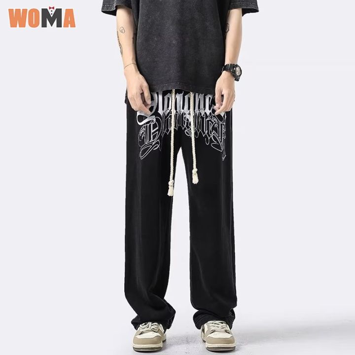 woma-กางเกงขายาวลำลองผู้ชายพิมพ์ลายกางเกงผู้ชายผ้าไหมขาวยาวแสงทรงตรงหลวม