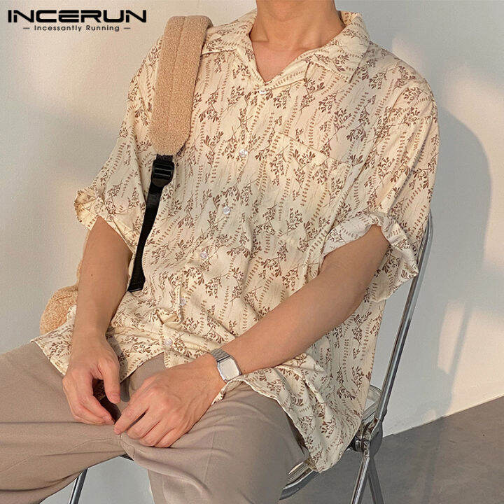 incerun-เสื้อเชิ้ตแขนสั้นลายดอกไม้สำหรับผู้ชาย-เสื้อยืดลำลองแนววินเทจสไตล์เกาหลี