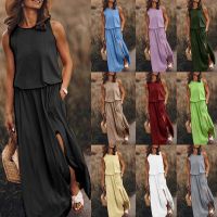 Elegant Tanks ด้านข้างแยกกระเป๋าหลวมแฟชั่นแขนกุด Elastic Tie เอวตรงสำหรับสตรี Casual Robe Vestidos