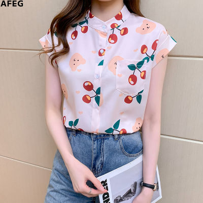 AFEG ใหม่แฟชั่นเกาหลีแบบบางพิมพ์ชีฟองแขนสั้นเสื้อสำหรับสตรี