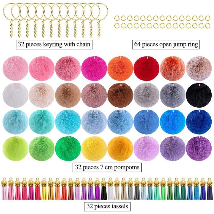 160-pcs-keychain-pom-pom-set-fluffy-pom-pom-balls-gold-key-ring-faux-fur-pom-pom-for-diy-projects-random-color