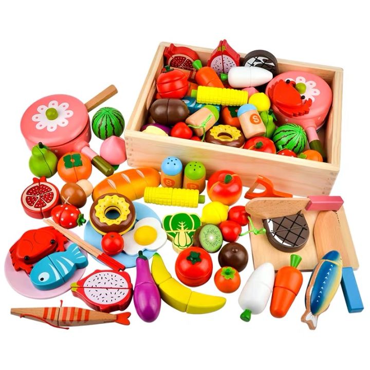 HNTOB Wooden Pretend Play Cutting Fruits Vegetables Foods Kitchen