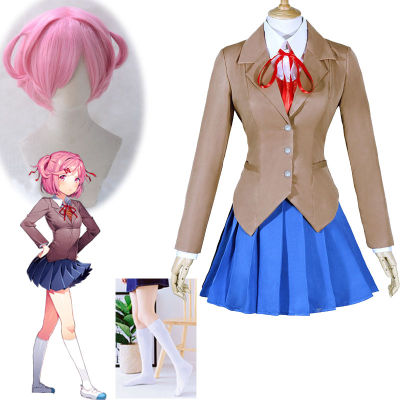 Game Natsuki Cosplay Costumes Doki Doki Literature Club! Natsuki Wig and School Uniforms DDLC Costume Womens Schoolgirl Suits